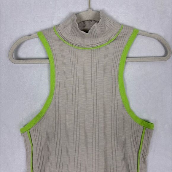 Free People We The Free Light Grey/ Neon Green Mock Neck Tank Top Size Small - Picture 2 of 9